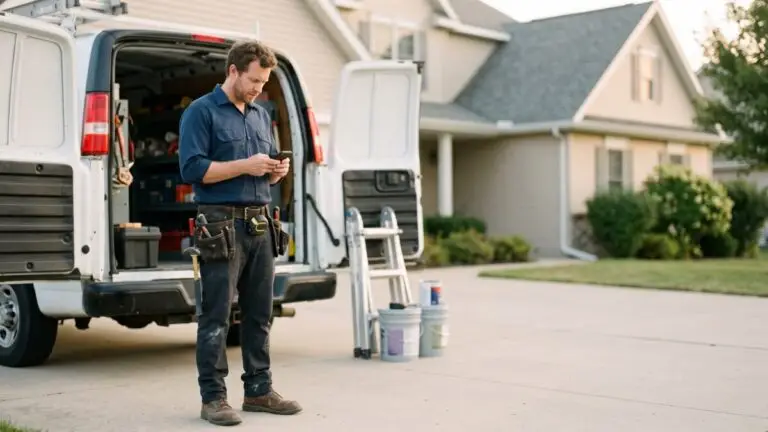 Home service contractor checking his Google Business Profile on a phone beside his work van