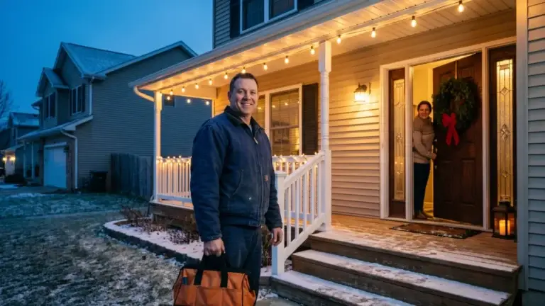 Home service technician arriving at a holiday-decorated home for a service call
