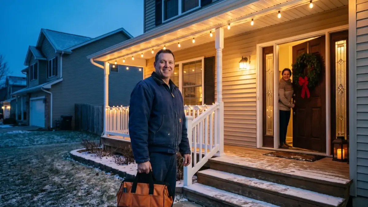 Home service technician arriving at a holiday-decorated home for a service call