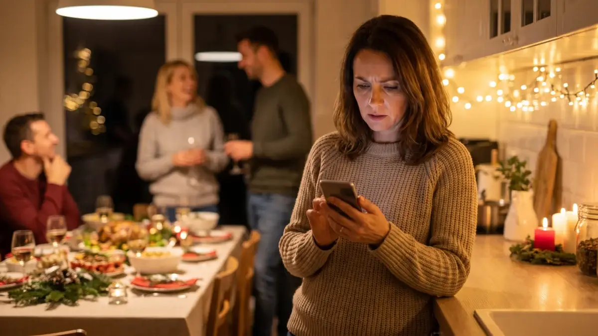Homeowner searching for a local service company on her phone while hosting a holiday dinner