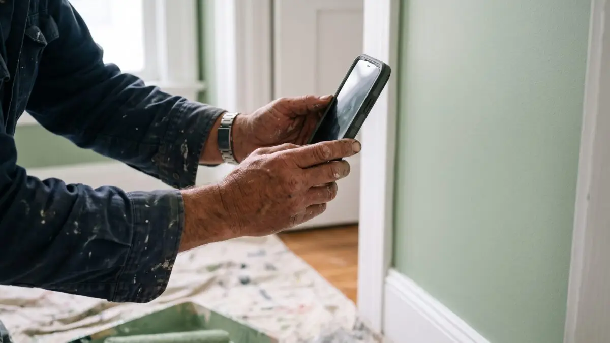 Contractor photographing a freshly painted room with a smartphone for a Google Business Profile post