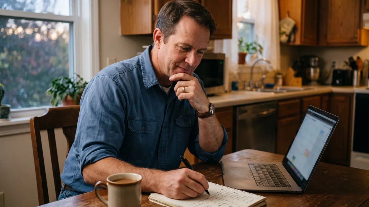 Local business owner planning a month of Google Business Profile posts at a kitchen table