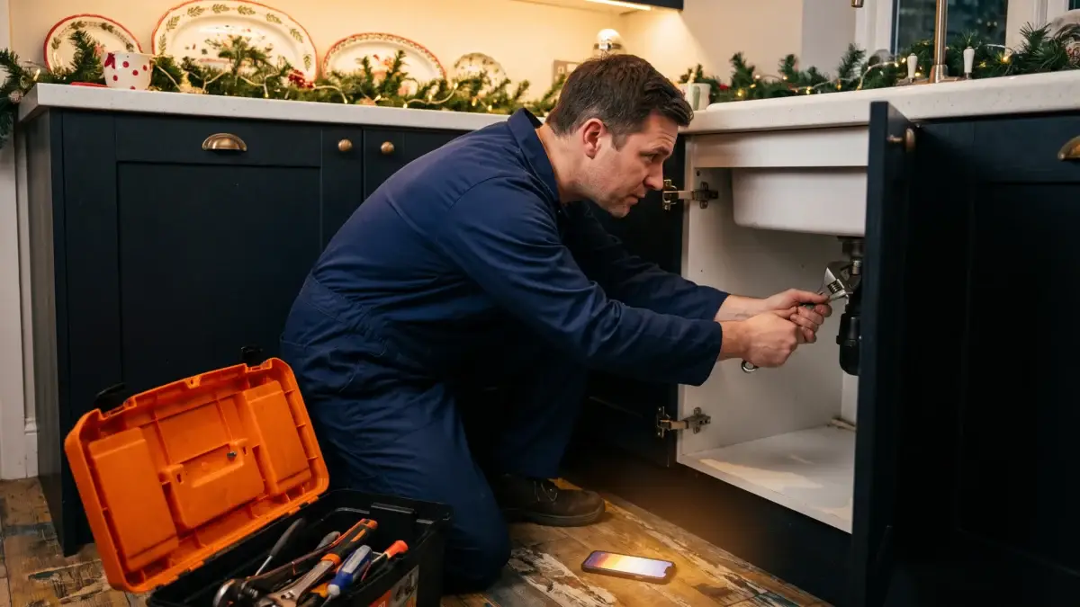 Plumber fixing a kitchen sink while a customer call lights up his phone on the floor