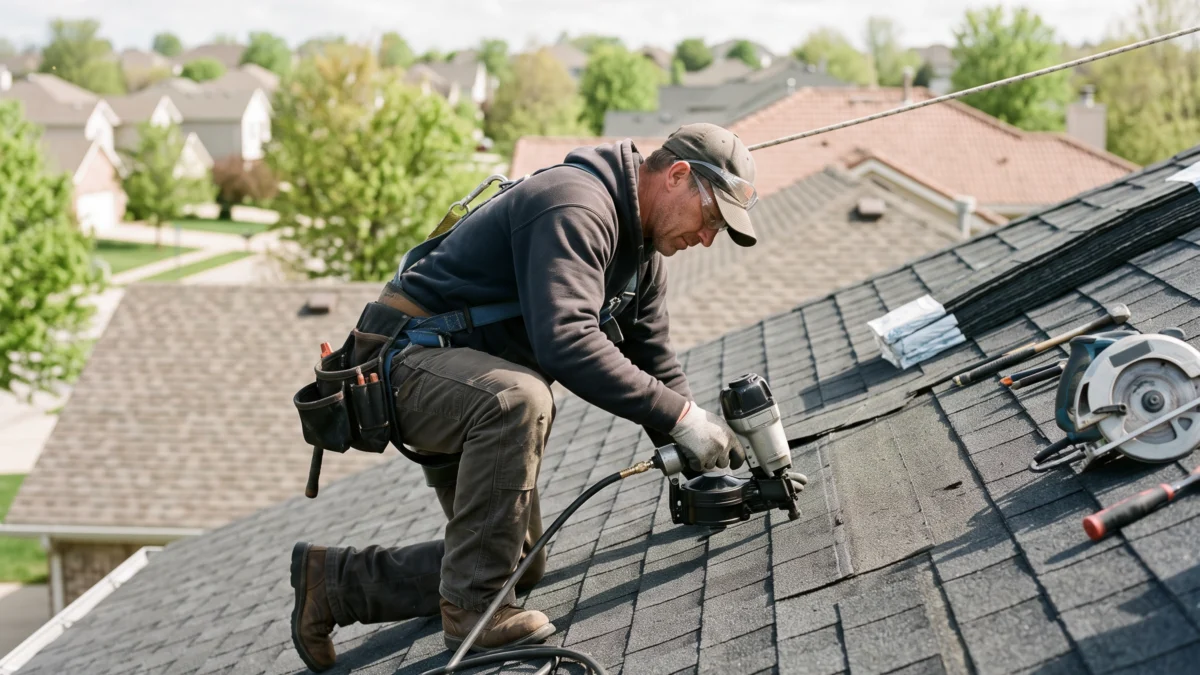 Roofer installing new asphalt shingles on a suburban home roof