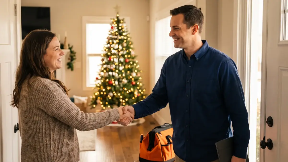 HVAC technician shaking hands with a happy homeowner after a holiday service call